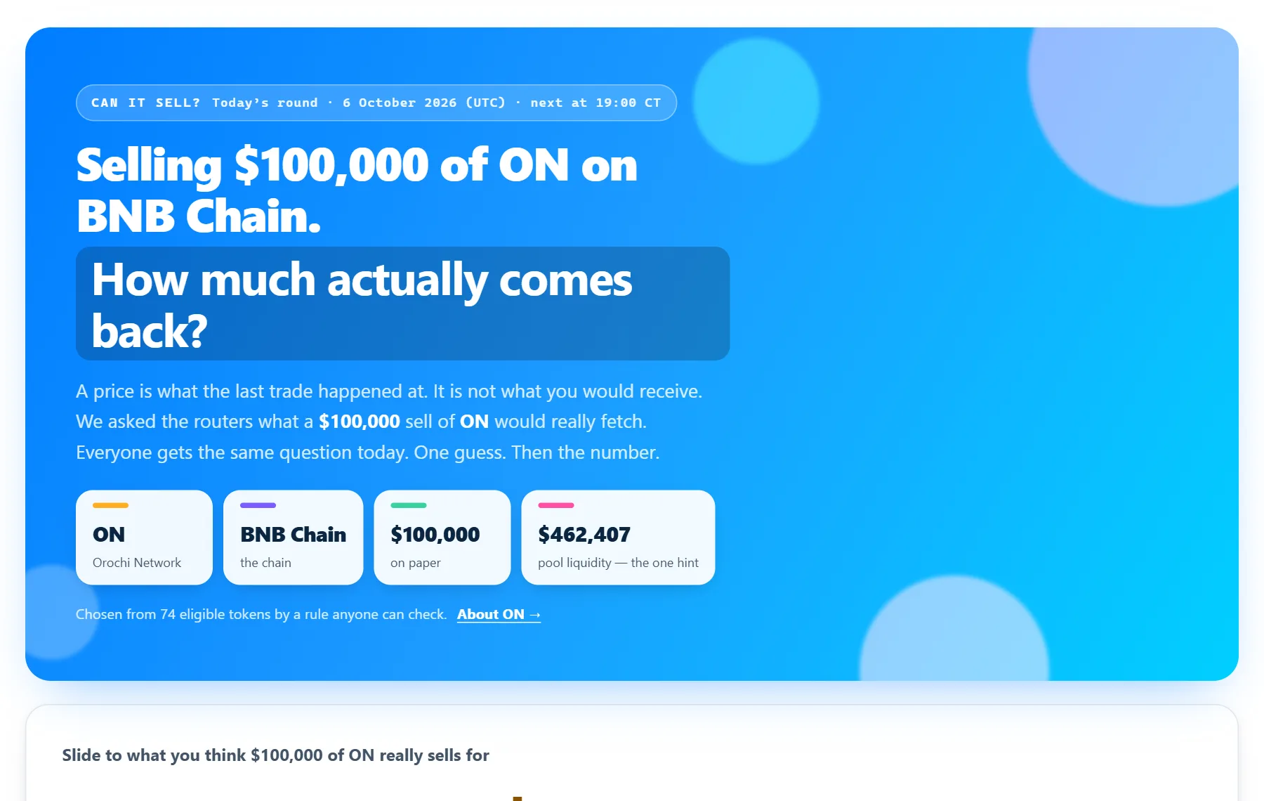 Can It Sell?: The daily round: one token, the same for everyone. Guess what a $100,000 sell returns, then see the measurement.