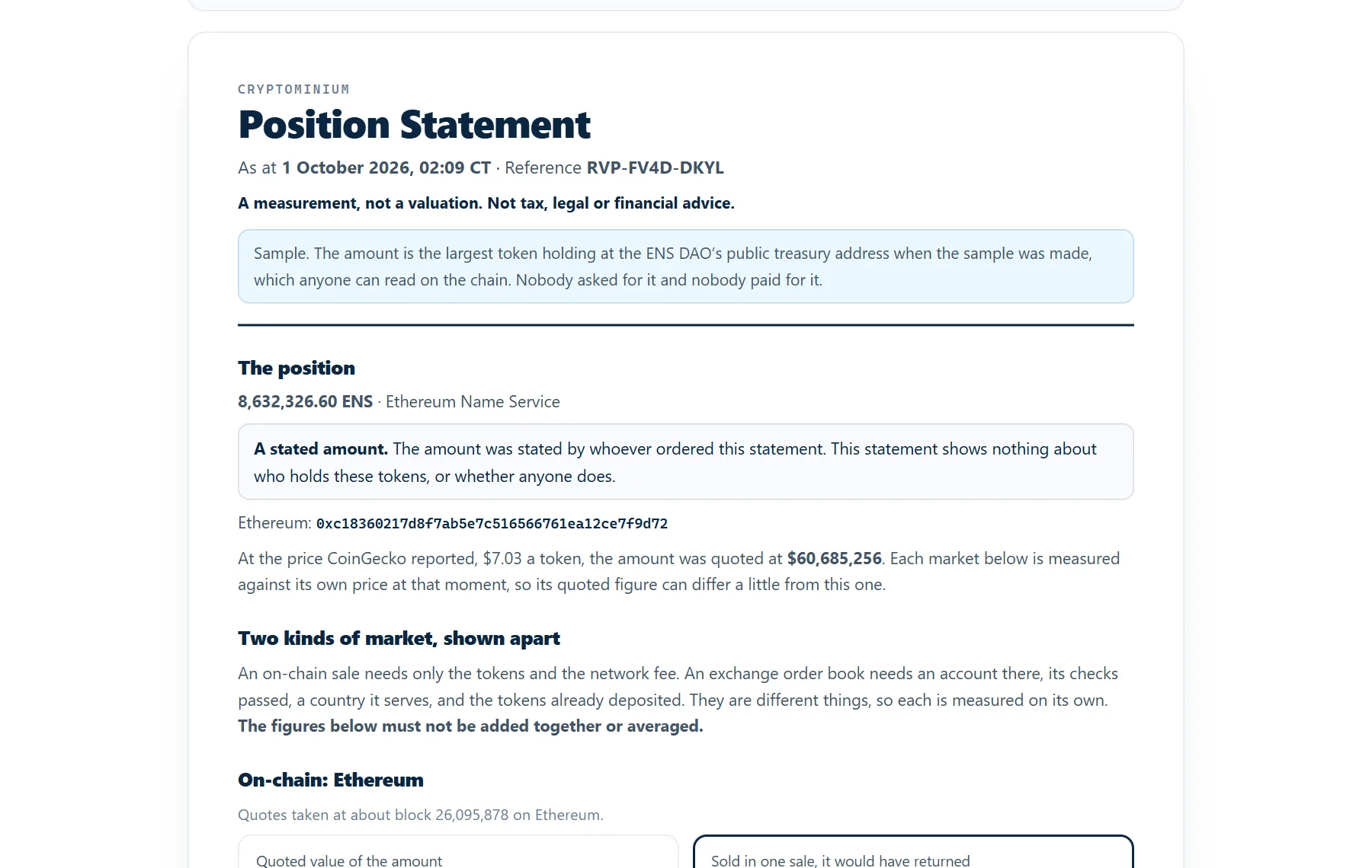 The sample statement: The largest token holding in the sample wallet, at the amount held there.