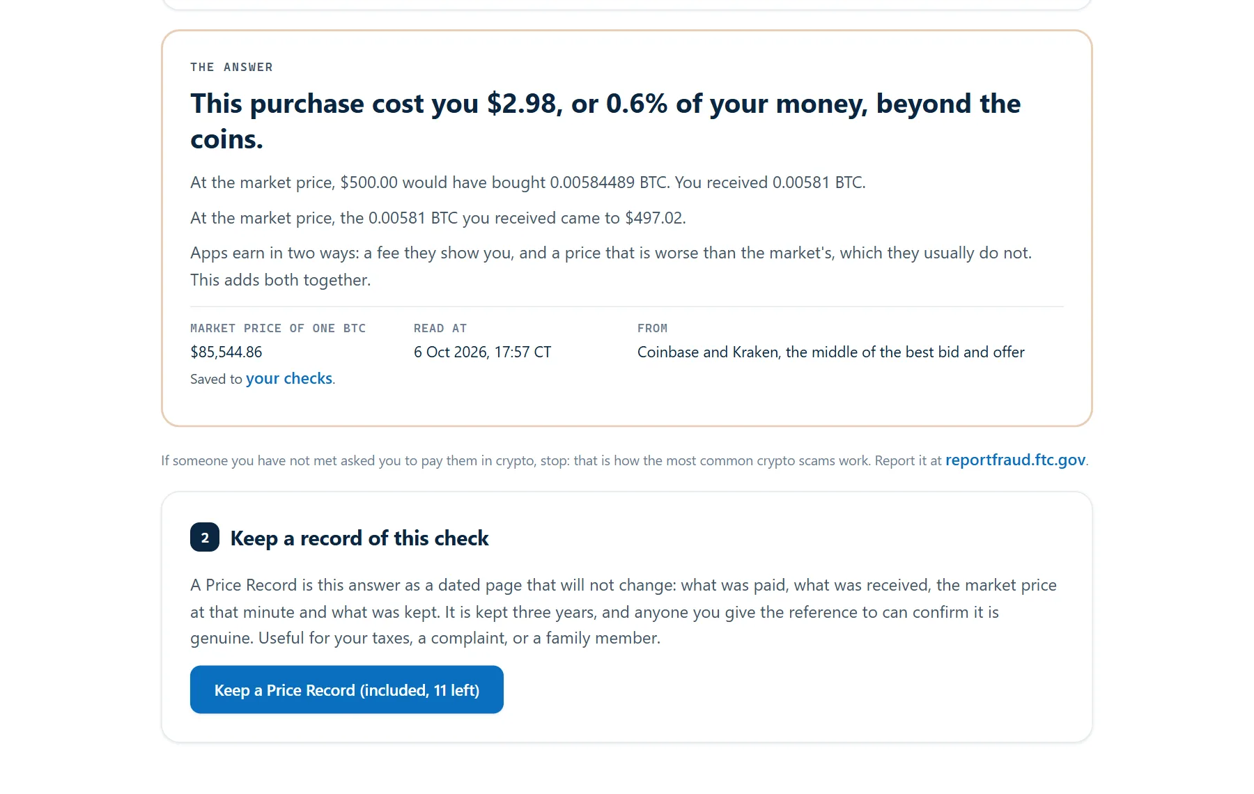 The check it comes from: The free answer, and the offer to keep it, underneath.