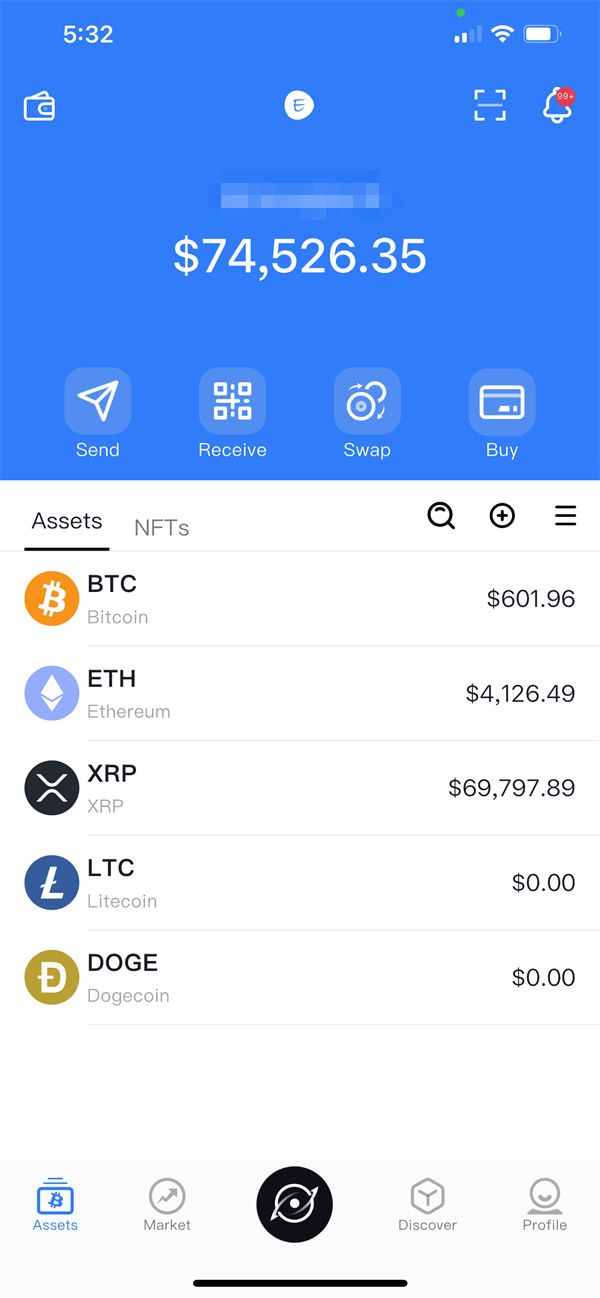 Wallet balance showing 74,526 US dollars