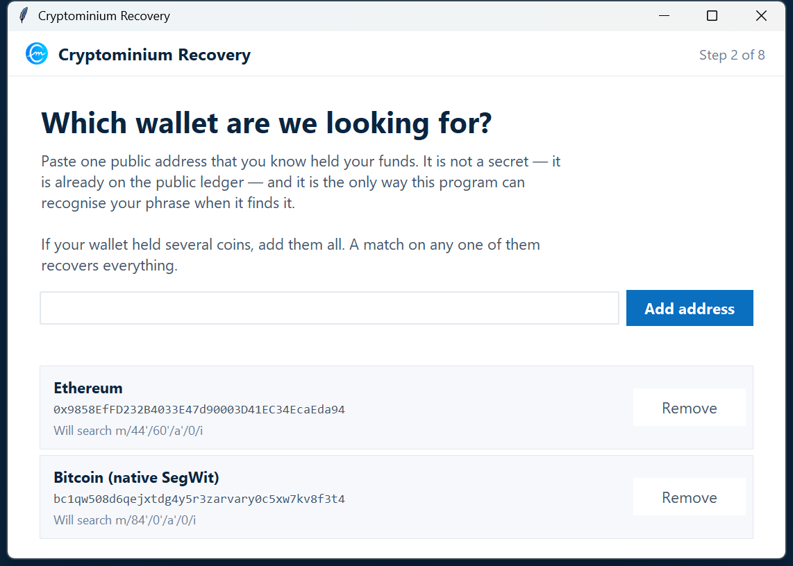 Paste an address. It tells you what it found. &mdash; a screenshot of the recovery toolkit