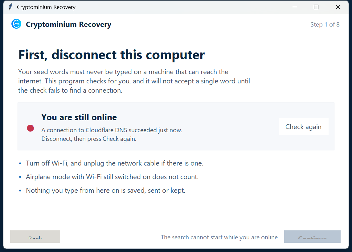 It will not start while you are online &mdash; a screenshot of the recovery toolkit