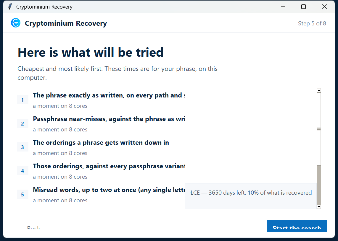 Every search, listed and timed, for free &mdash; a screenshot of the recovery toolkit