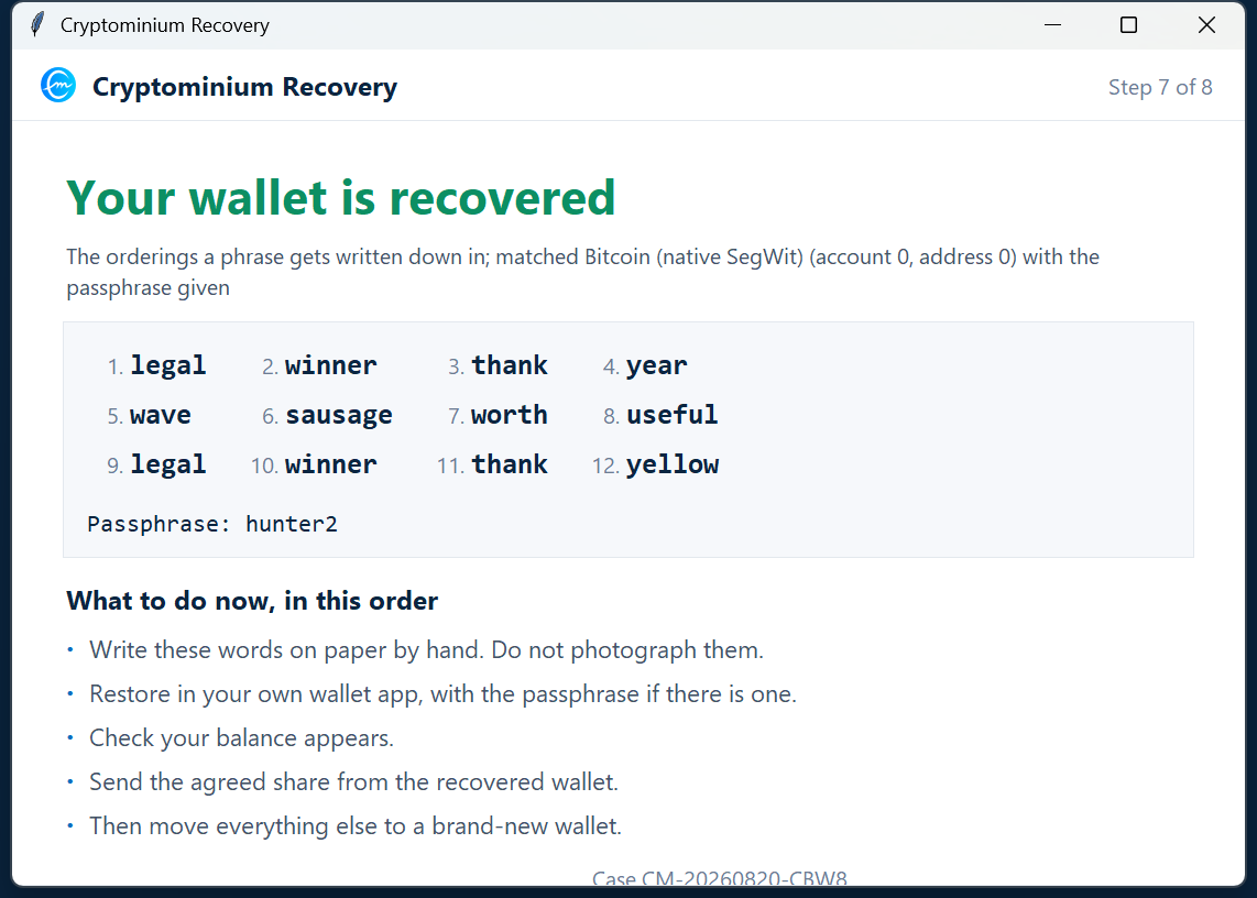 Your words, on screen, immediately &mdash; a screenshot of the recovery toolkit