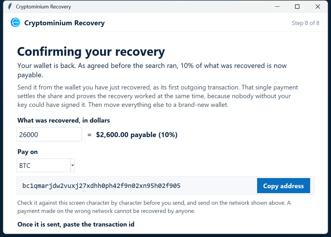 The agreed share, worked out for you &mdash; a screenshot of the recovery toolkit