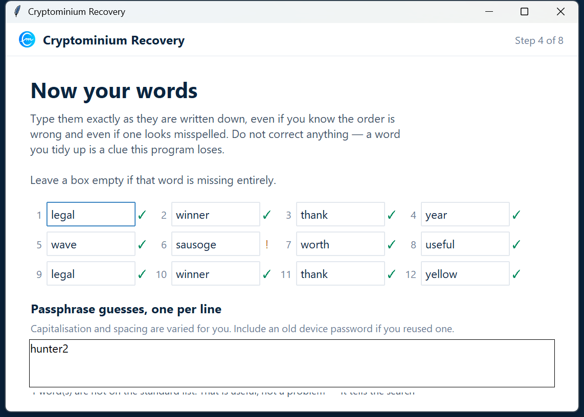 A box for each word, checked as you type &mdash; a screenshot of the recovery toolkit